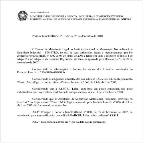 Portaria INMETRO/DIMEL 352:2010 - Situação: Em vigor