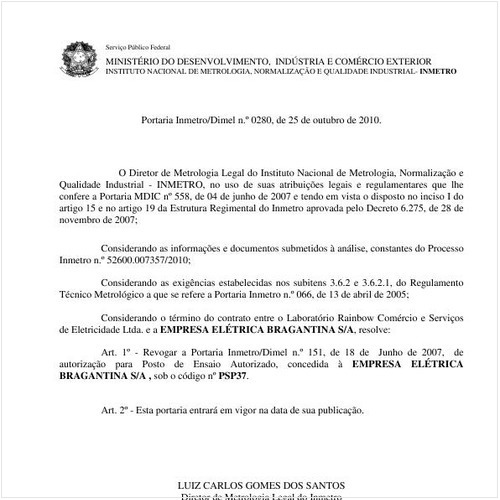 Portaria INMETRO/DIMEL 280:2010 - Situação: Em vigor