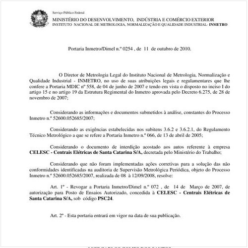 Portaria INMETRO/DIMEL 254:2010 - Situação: Em vigor