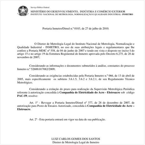 Portaria INMETRO/DIMEL 183:2010 - Situação: Em vigor