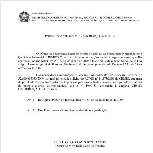 Portaria INMETRO/DIMEL 122:2010 - Situação: Em vigor