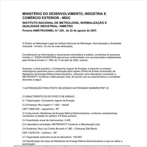 Portaria DIMEL/INMETRO 228:2007 - Situação: Em vigor