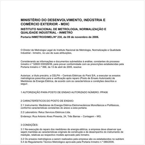 Portaria DIMEL/INMETRO 230:2006 - Situação: Revogado