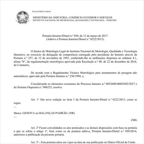 Portaria DIMEL/INMETRO 30:2017 - Situação: Em vigor