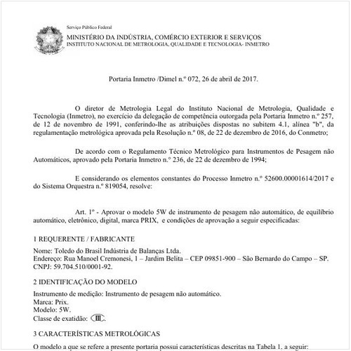 Portaria DIMEL/INMETRO 72:2017 - Situação: Em vigor