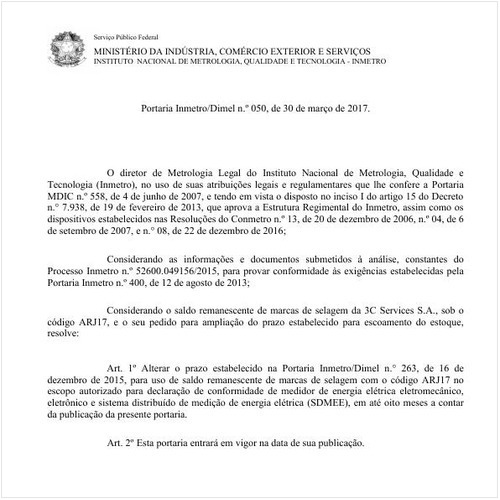 Portaria DIMEL/INMETRO 50:2017 - Situação: Em vigor