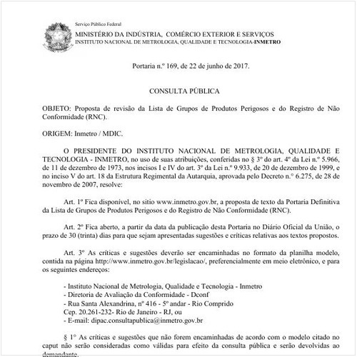 Portaria INMETRO/MDIC 169:2017 - Situação: Projeto aprovado