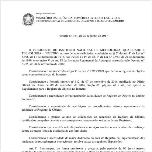 Portaria INMETRO/MDIC 181:2017 - Situação: Revogado