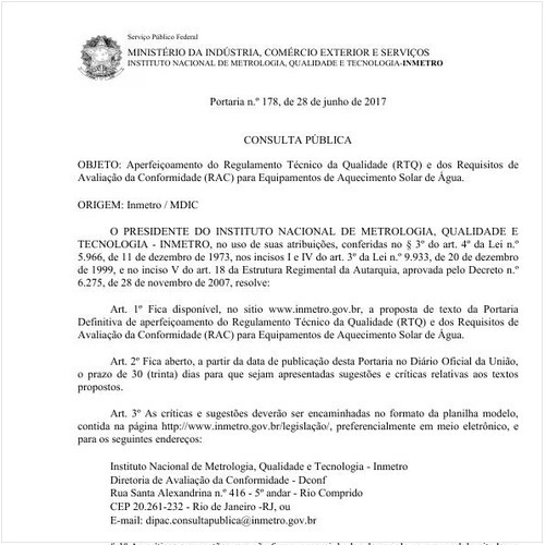 Portaria INMETRO/MDIC 178:2017 - Situação: Prazo para consulta pública expirado