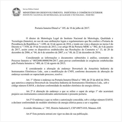 Portaria DIMEL/INMETRO 105:2017 - Situação: Em vigor