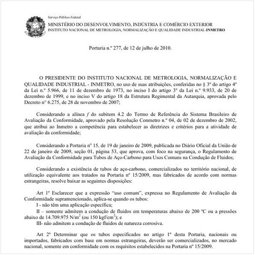 Portaria INMETRO/MDIC 277:2010 - Situação: Revogado