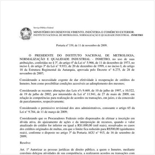Portaria INMETRO/MDIC 339:2009 - Situação: Em vigor