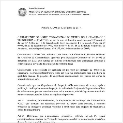 Portaria INMETRO/MDIC 204:2017 - Situação: Em vigor