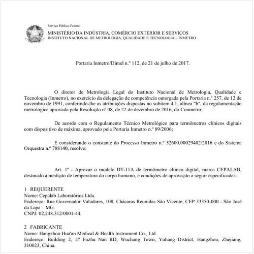 Portaria DIMEL/INMETRO 112:2017 - Situação: Em vigor