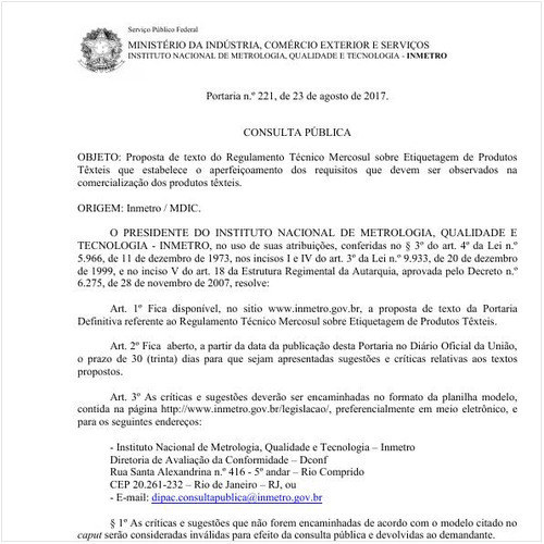 Portaria INMETRO/MDIC 221:2017 - Situação: Projeto aprovado