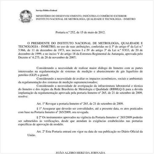 Portaria INMETRO/MDIC 252:2012 - Situação: Em vigor