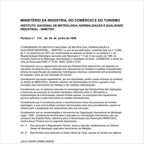 Portaria INMETRO/MICT 114:1998 - Situação: Em vigor
