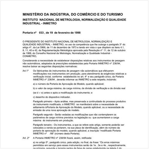Portaria INMETRO/MICT 33:1998 - Situação: Aguardando revogação
