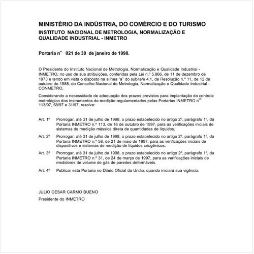 Portaria INMETRO/MICT 21:1998 - Situação: Revogado