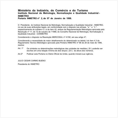Portaria INMETRO/MICT 2:1998 - Situação: Revogado