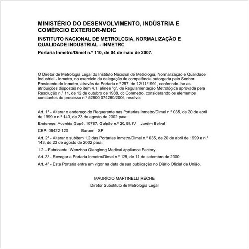 Portaria DIMEL/INMETRO 110:2007 - Situação: Em vigor