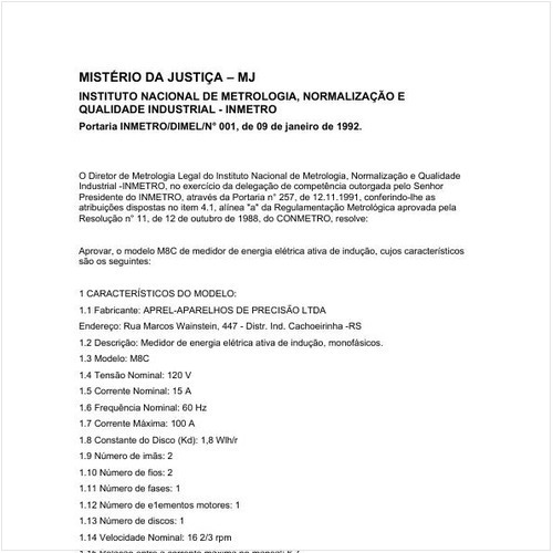 Portaria DIMEL/INMETRO 1:1992 - Situação: Revisto