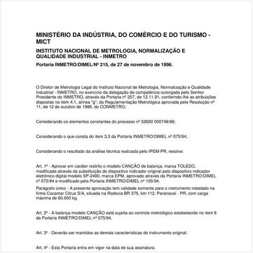 Portaria DIMEL/INMETRO 215:1996 - Situação: Em vigor
