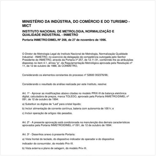 Portaria DIMEL/INMETRO 208:1996 - Situação: Revisto