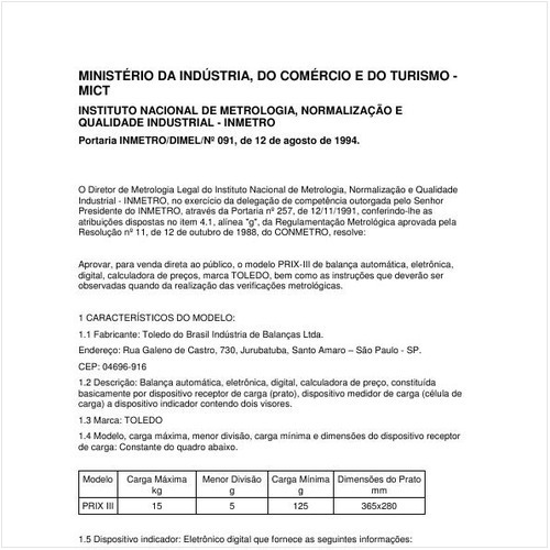 Portaria DIMEL/INMETRO 91:1994 - Situação: Revisto