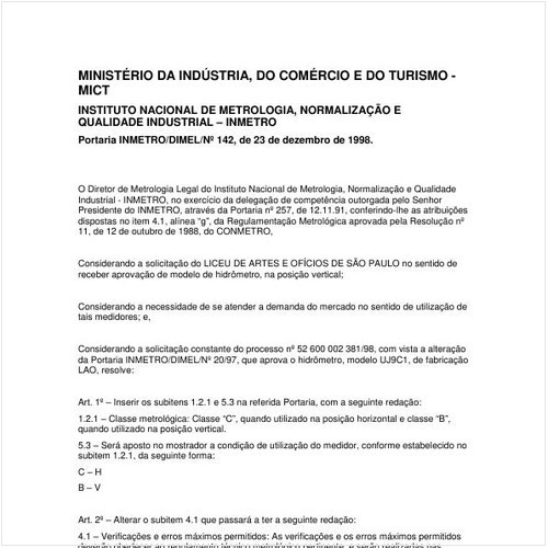 Portaria DIMEL/INMETRO 142:1998 - Situação: Em vigor
