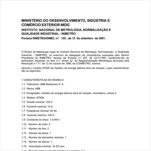 Portaria DIMEL/INMETRO 135:2001 - Situação: Em vigor