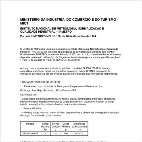 Portaria DIMEL/INMETRO 158:1994 - Situação: Revisto