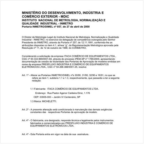 Portaria DIMEL/INMETRO 57:2000 - Situação: Em vigor