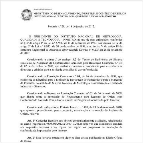 Portaria INMETRO/MDIC 29:2012 - Situação: Em vigor