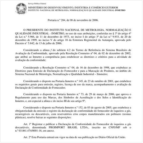 Portaria INMETRO/MDIC 284:2006 - Situação: Revogado