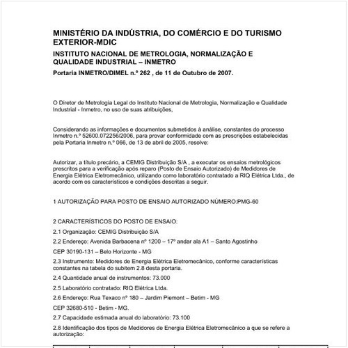 Portaria DIMEL/INMETRO 262:2007 - Situação: Revogado