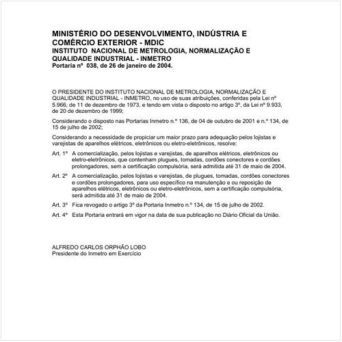 Portaria INMETRO/MDIC 38:2004 - Situação: Em vigor