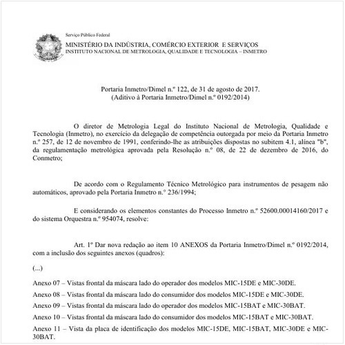 Portaria DIMEL/INMETRO 122:2017 - Situação: Em vigor