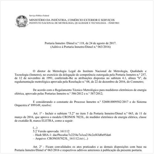 Portaria DIMEL/INMETRO 118:2017 - Situação: Em vigor
