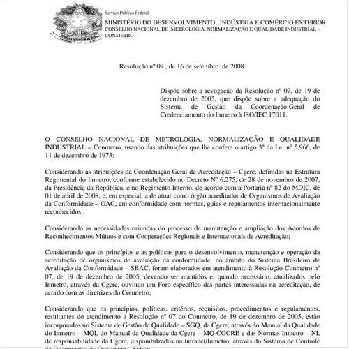 Resolução CONMETRO/MDIC 9:2008 - Situação: Em vigor