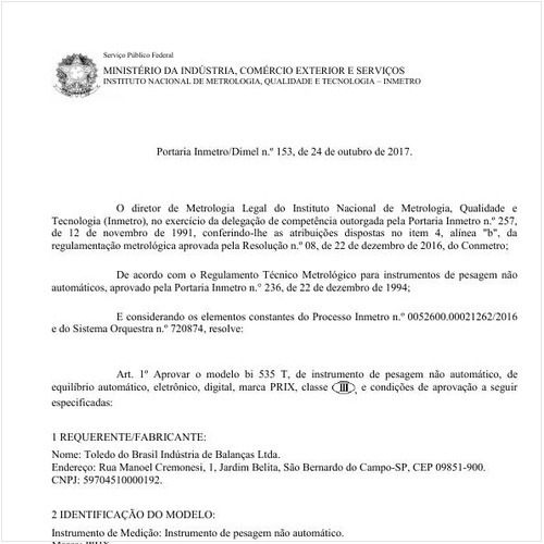 Portaria DIMEL/INMETRO 153:2017 - Situação: Em vigor