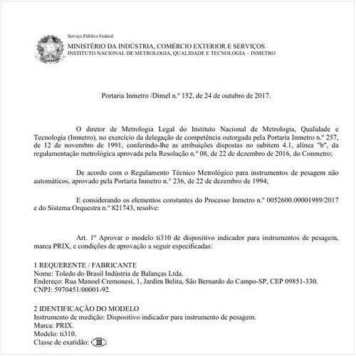 Portaria DIMEL/INMETRO 152:2017 - Situação: Em vigor