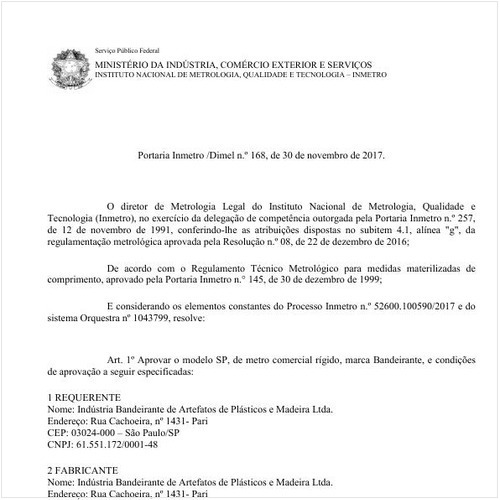Portaria DIMEL/INMETRO 168:2017 - Situação: Em vigor