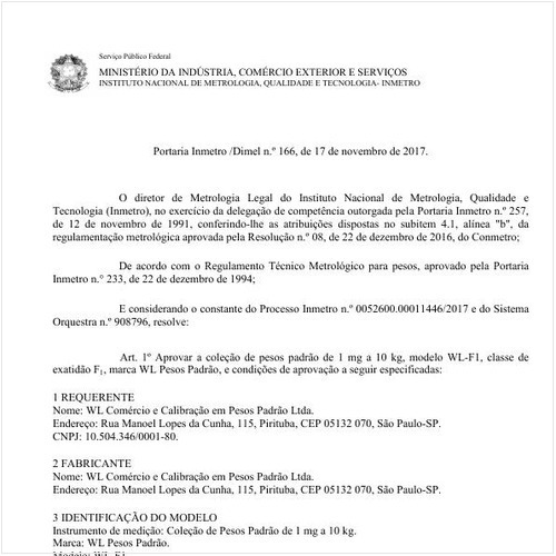 Portaria DIMEL/INMETRO 166:2017 - Situação: Em vigor