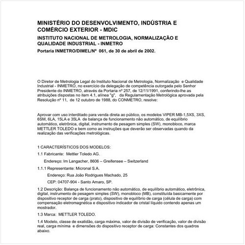 Portaria DIMEL/INMETRO 61:2002 - Situação: Em vigor