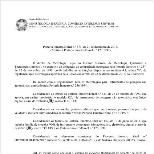 Portaria DIMEL/INMETRO 171:2017 - Situação: Em vigor