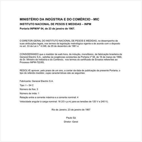 Portaria INPM/MIC 4:1967 - Situação: Prazo de validade expirado