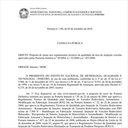 Portaria INMETRO/MDIC 196:2018 - Situação: Projeto aprovado