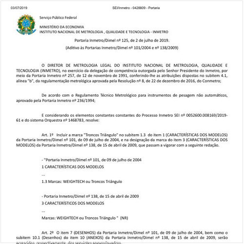 Portaria DIMEL/INMETRO 125:2019 - Situação: Em vigor