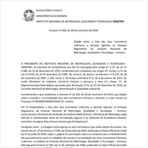 Portaria INMETRO/ME - 306:2020 - Situação: Revisto